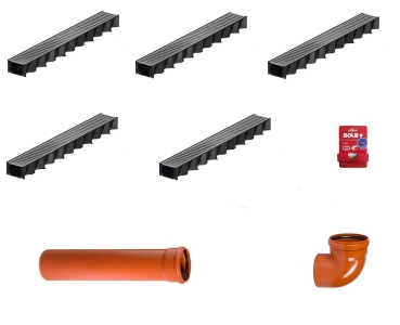 ACO Entwässerungsrinne 8er Set Länge 1 Meter, 1 x KG Bogen 110/87 Grad, 1 x KG Rohr 110/1000, 1 x Schnurwasserwaage